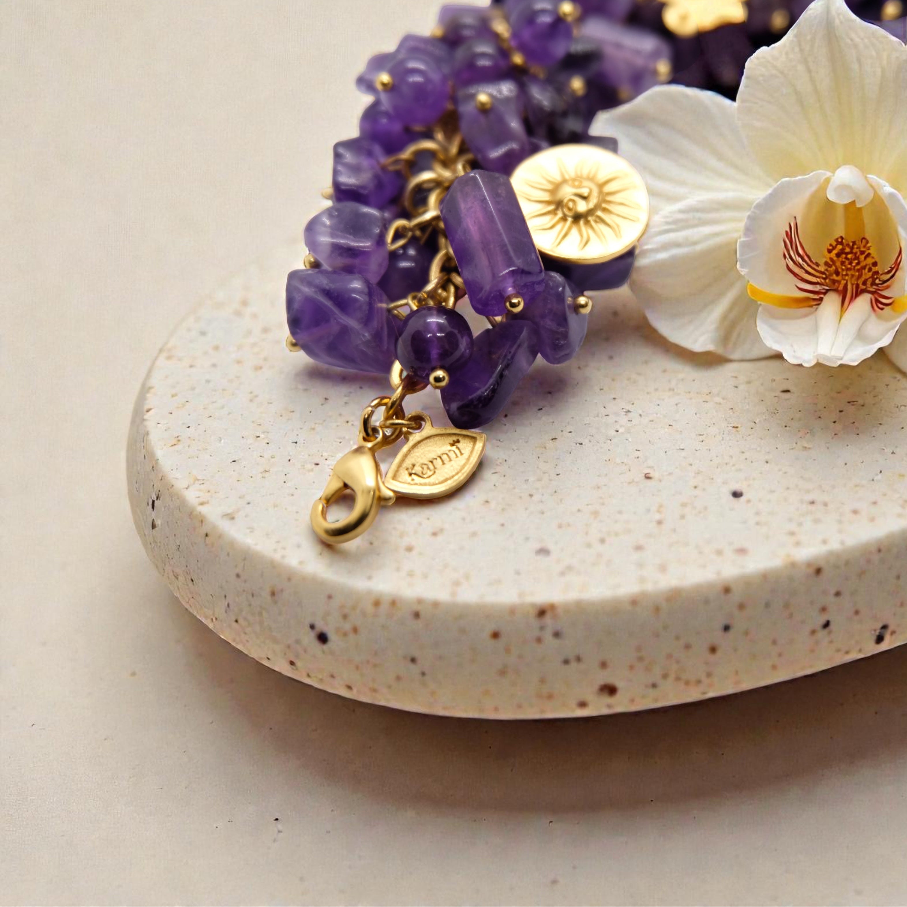 XL Armband aus Amethyst Edelstein und Gold 