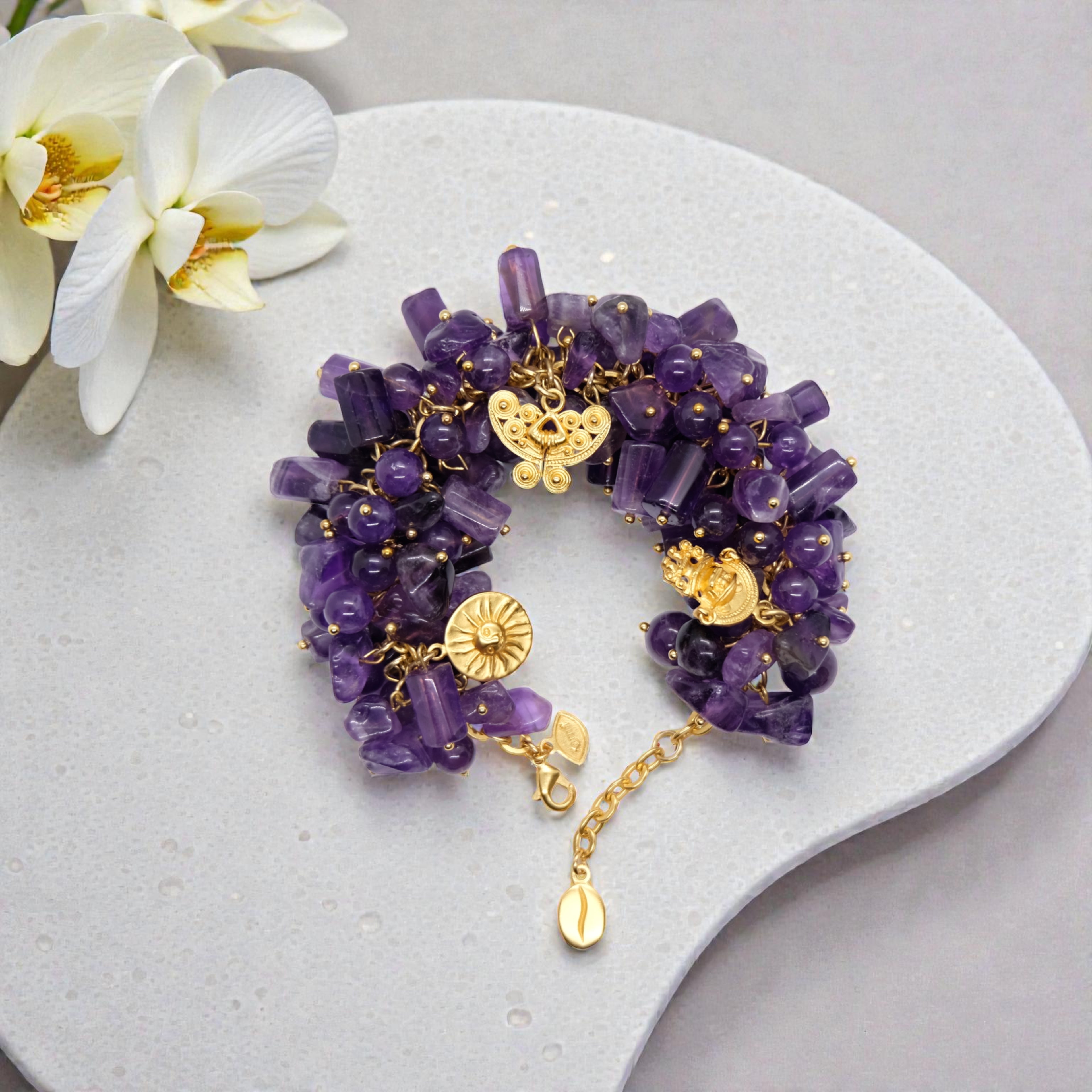 XL Armband aus Amethyst Edelstein und Gold 