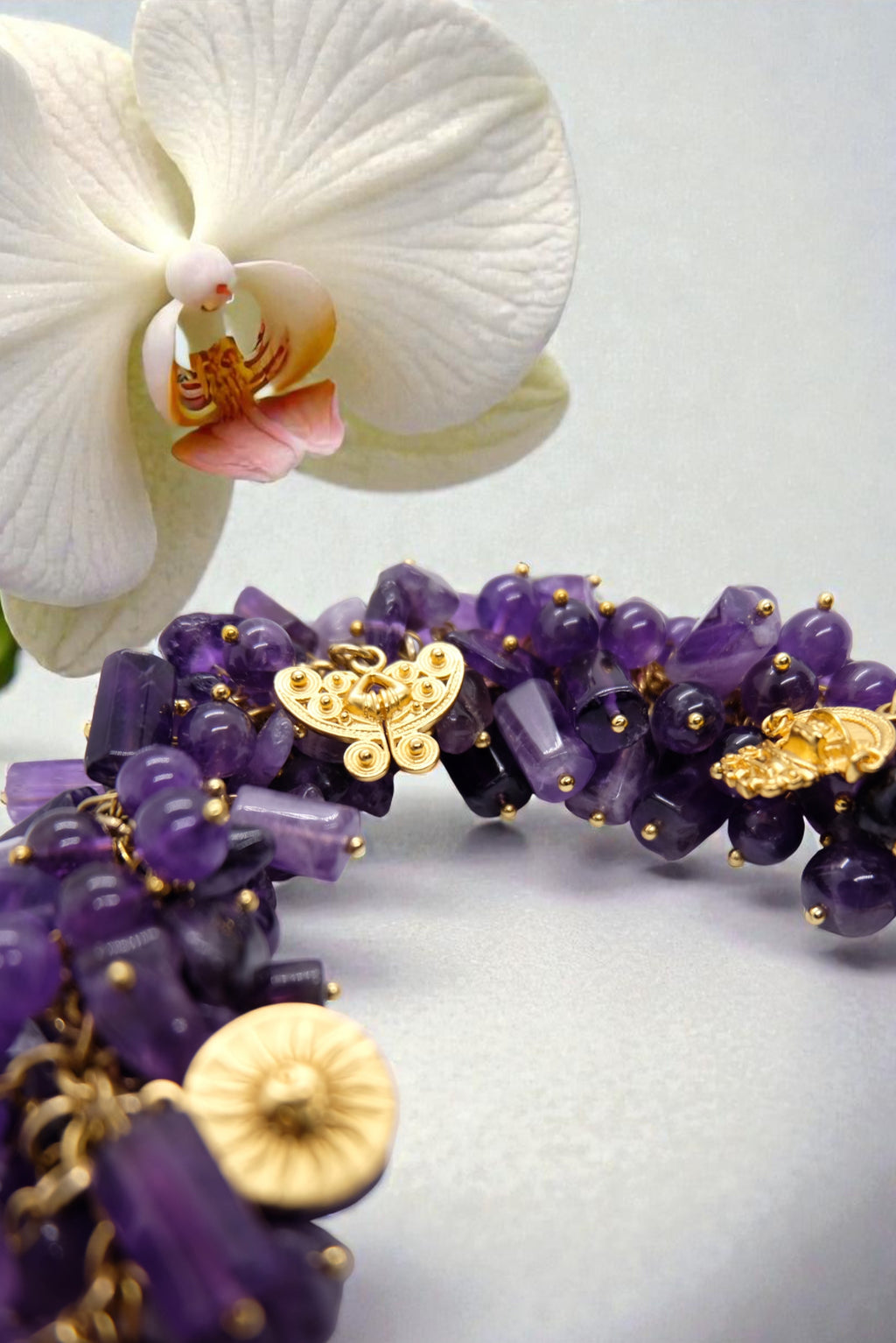 XL Armband aus Amethyst Edelstein und Gold 